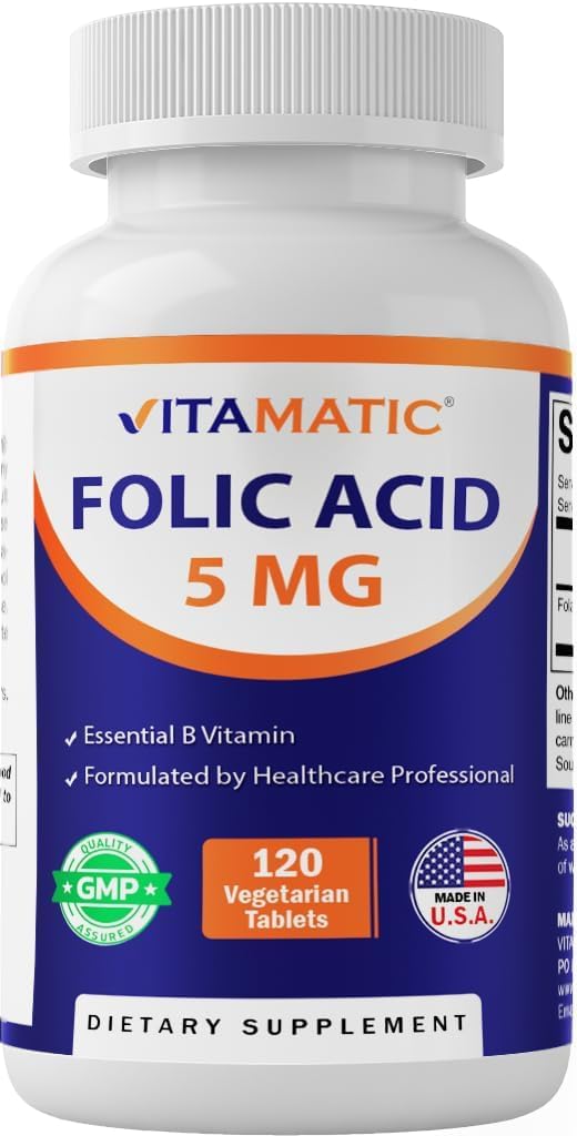 Vitamatic Folic Acid 5mg (5000 mcg) – 120 Vegetarian Tablets High Potency Vitamin B9 (Folate) for Cellular Health - Maple Wellness Supplements