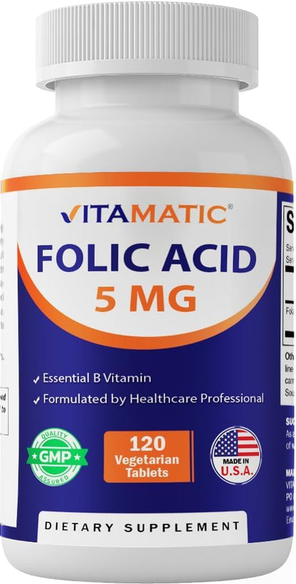 Vitamatic Folic Acid 5mg (5000 mcg) – 120 Vegetarian Tablets High Potency Vitamin B9 (Folate) for Cellular Health - Maple Wellness Supplements