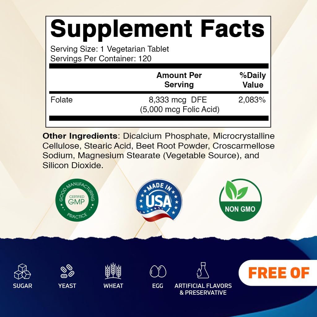 Vitamatic Folic Acid 5mg (5000 mcg) – 120 Vegetarian Tablets High Potency Vitamin B9 (Folate) for Cellular Health - Maple Wellness Supplements