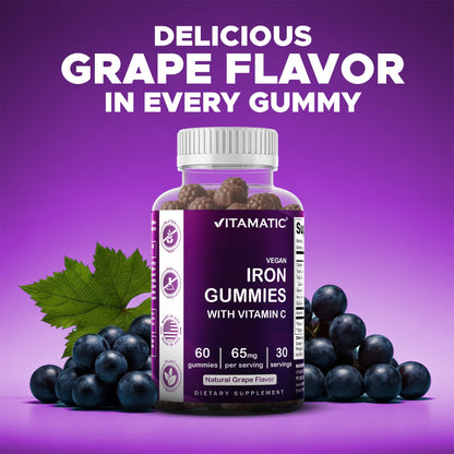 Vitamatic Iron 65 mg Gummies Supplement for Women & Men - 60 Vegan Gummies - Great Tasting Iron Gummy Vitamins with Vitamin C (1) - Maple Wellness Supplements