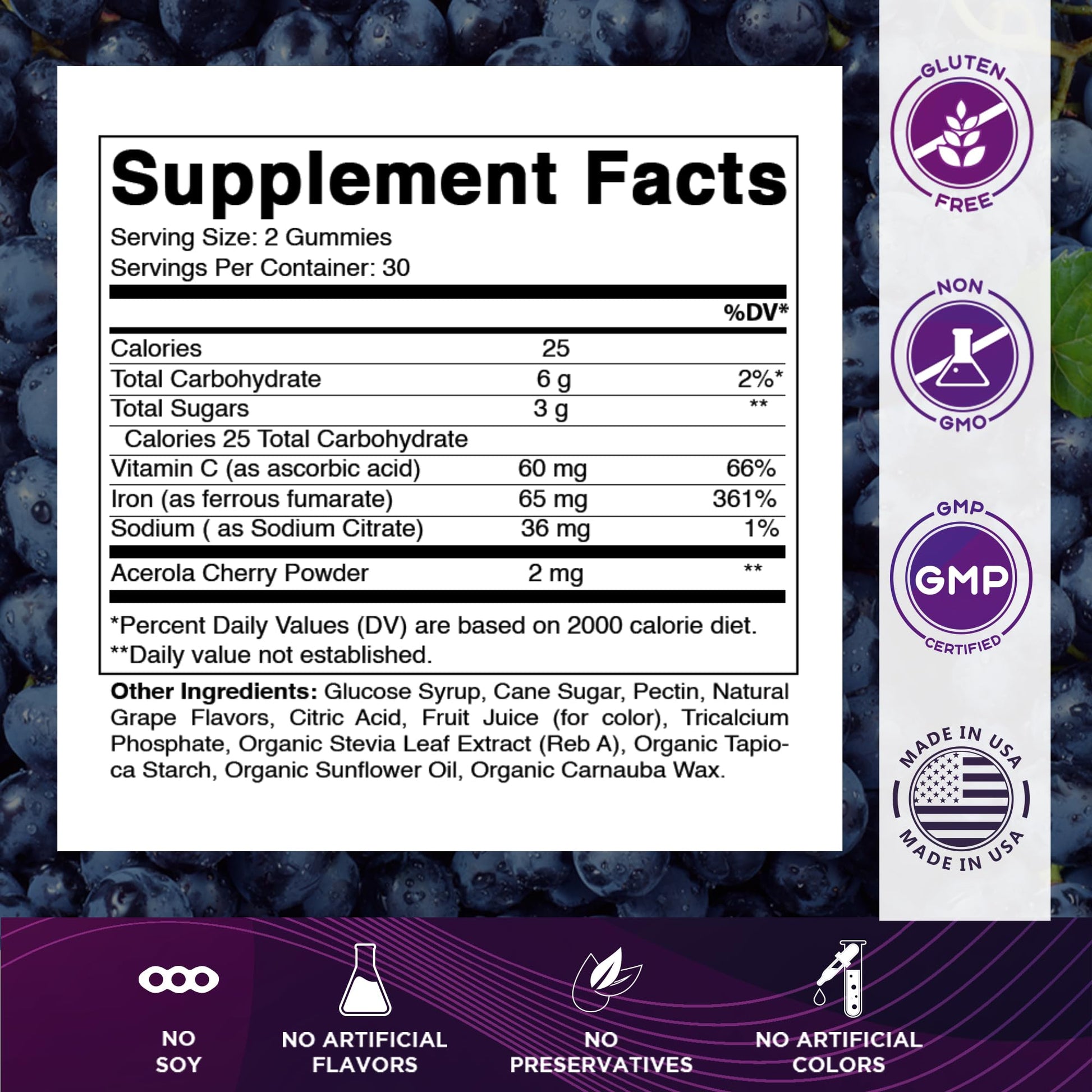 Vitamatic Iron 65 mg Gummies Supplement for Women & Men - 60 Vegan Gummies - Great Tasting Iron Gummy Vitamins with Vitamin C (1) - Maple Wellness Supplements