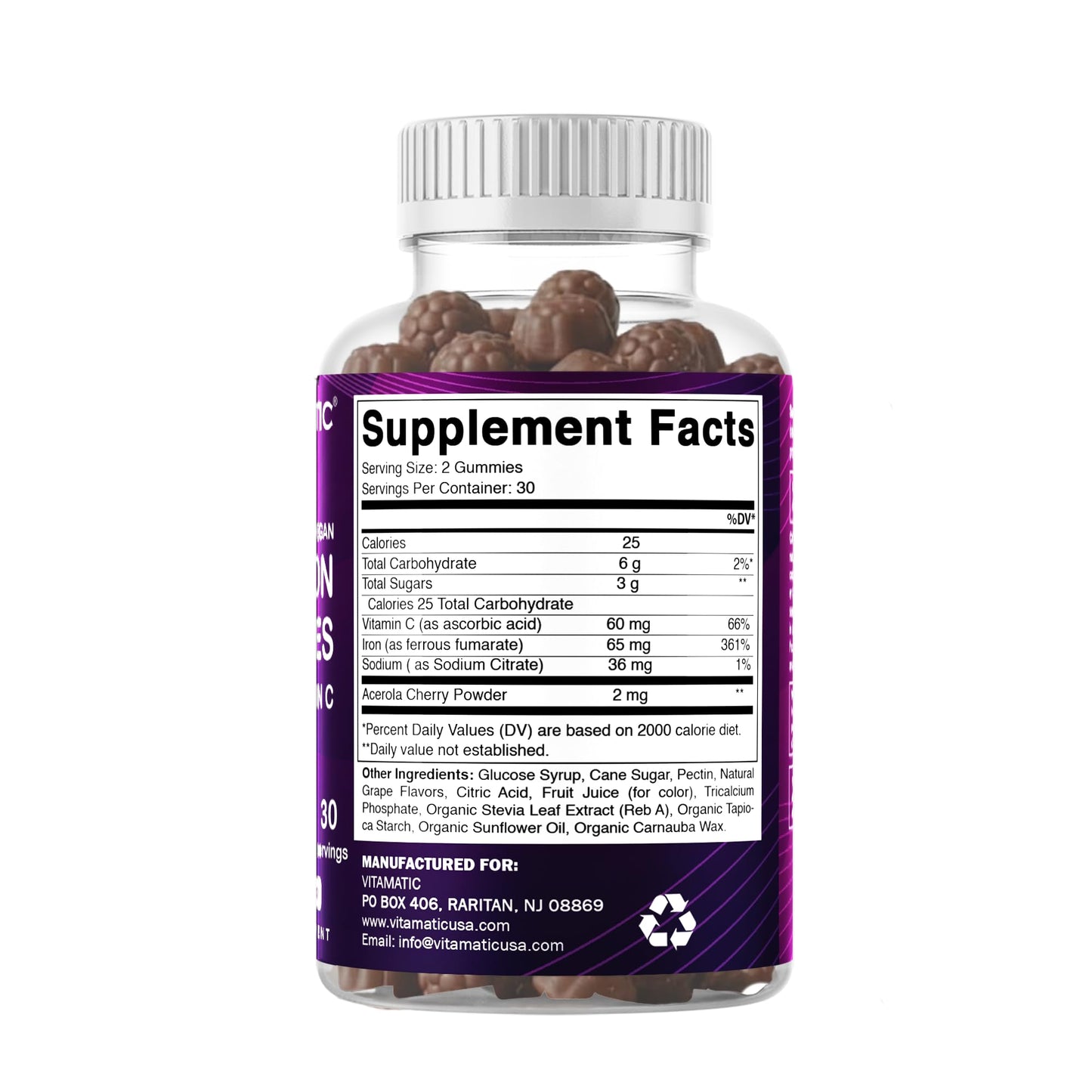 Vitamatic Iron 65 mg Gummies Supplement for Women & Men - 60 Vegan Gummies - Great Tasting Iron Gummy Vitamins with Vitamin C (1) - Maple Wellness Supplements