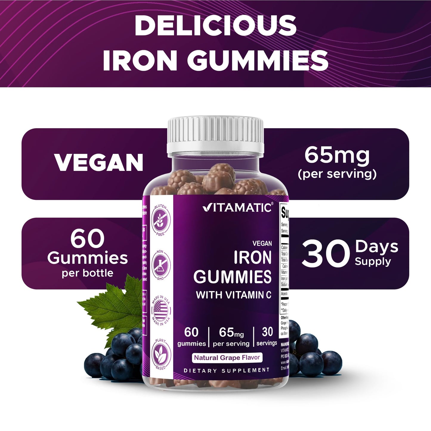 Vitamatic Iron 65 mg Gummies Supplement for Women & Men - 60 Vegan Gummies - Great Tasting Iron Gummy Vitamins with Vitamin C (1) - Maple Wellness Supplements
