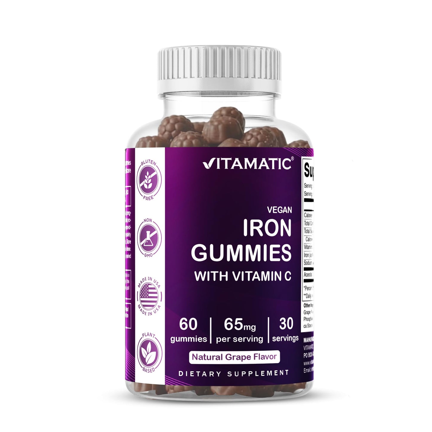 Vitamatic Iron 65 mg Gummies Supplement for Women & Men - 60 Vegan Gummies - Great Tasting Iron Gummy Vitamins with Vitamin C (1) - Maple Wellness Supplements