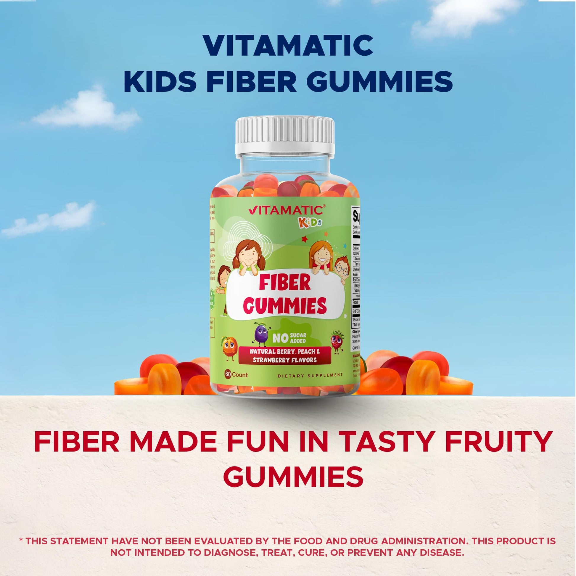 Vitamatic Kids Prebiotic Fiber Gummies – Extra Strength 4g Fiber – Zero Sugar Added – 60 Pectin-Based Gummies – Digestive Health & Regularity Support - Maple Wellness Supplements