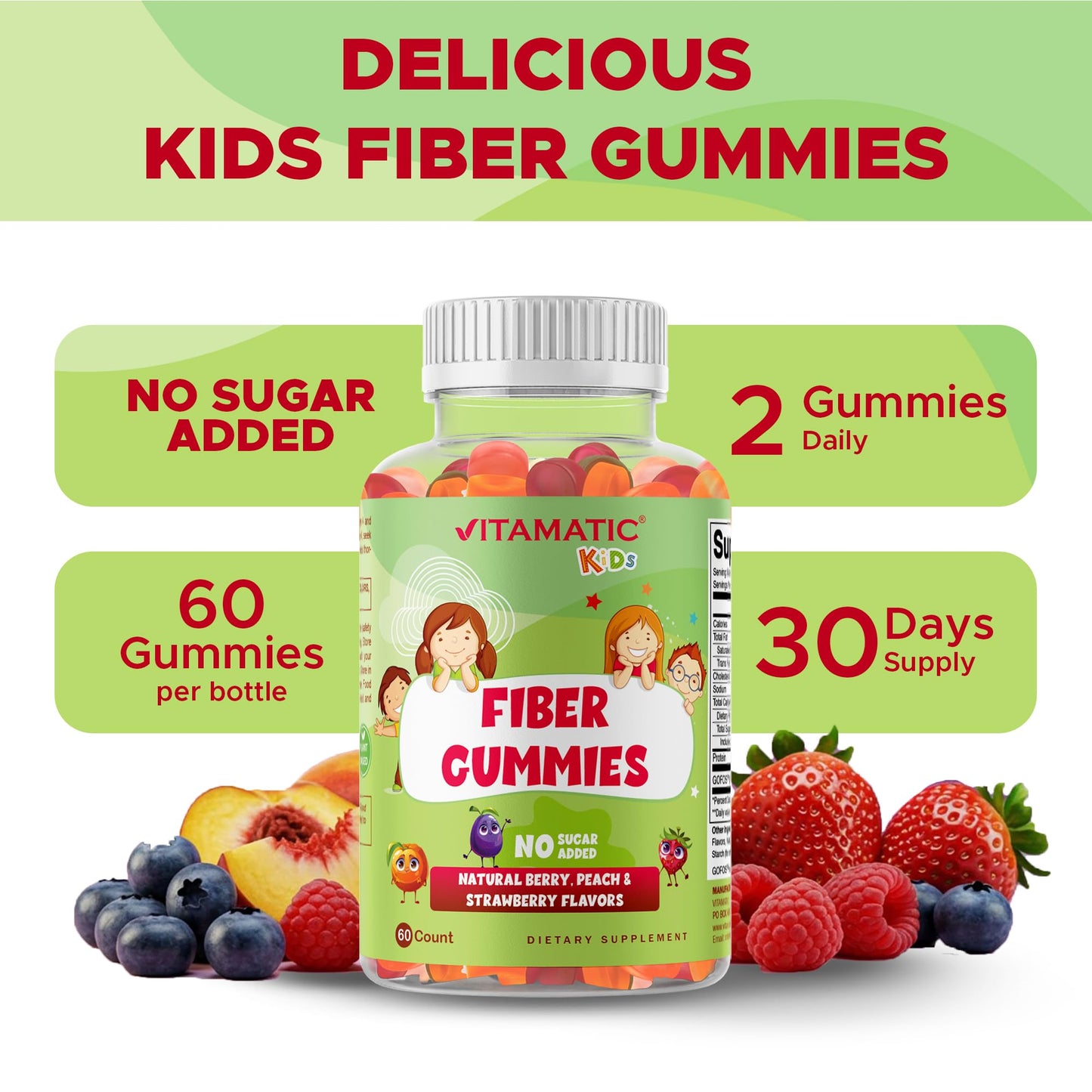 Vitamatic Kids Prebiotic Fiber Gummies – Extra Strength 4g Fiber – Zero Sugar Added – 60 Pectin-Based Gummies – Digestive Health & Regularity Support - Maple Wellness Supplements