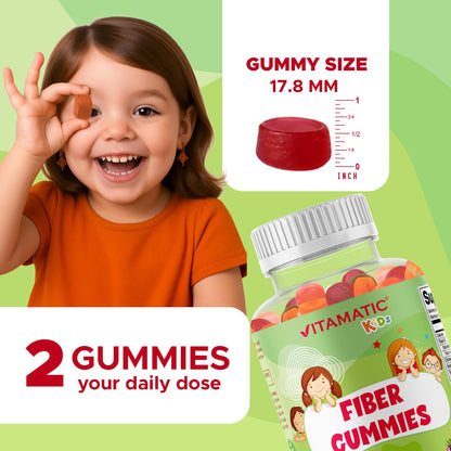 Vitamatic Kids Prebiotic Fiber Gummies – Extra Strength 4g Fiber – Zero Sugar Added – 60 Pectin-Based Gummies – Digestive Health & Regularity Support - Maple Wellness Supplements