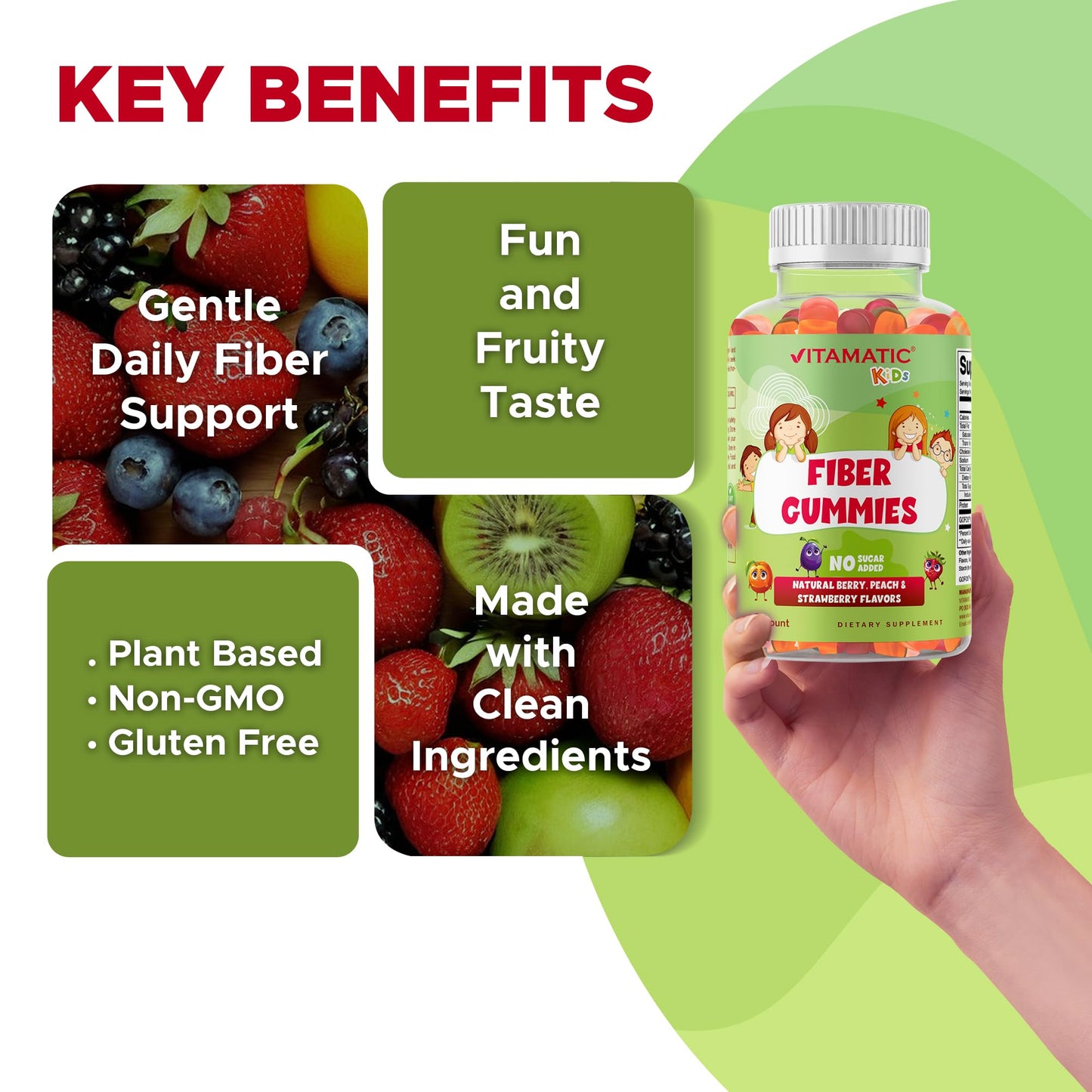 Vitamatic Kids Prebiotic Fiber Gummies – Extra Strength 4g Fiber – Zero Sugar Added – 60 Pectin-Based Gummies – Digestive Health & Regularity Support - Maple Wellness Supplements