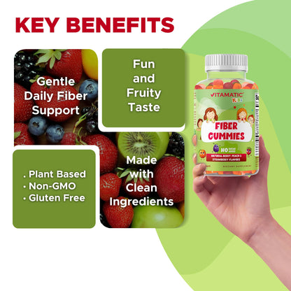 Vitamatic Kids Prebiotic Fiber Gummies – Extra Strength 4g Fiber – Zero Sugar Added – 60 Pectin-Based Gummies – Digestive Health & Regularity Support - Maple Wellness Supplements