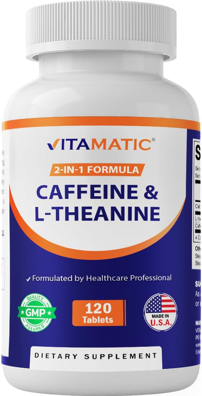 Vitamatic L-Theanine 200mg with Caffeine 100mg – 120 Vegetarian Tablets Nootropic Supplement for Focused Energy & Mental Clarity - Maple Wellness Supplements