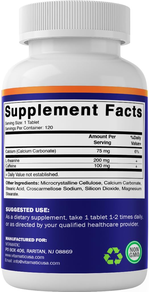 Vitamatic L-Theanine 200mg with Caffeine 100mg – 120 Vegetarian Tablets Nootropic Supplement for Focused Energy & Mental Clarity - Maple Wellness Supplements