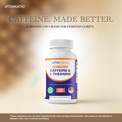 Vitamatic L-Theanine 200mg with Caffeine 100mg – 120 Vegetarian Tablets Nootropic Supplement for Focused Energy & Mental Clarity - Maple Wellness Supplements