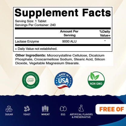 Vitamatic Lactase Enzyme 9000 FCC 240 Tablets - Lactose Intolerance Relief Caplets - Maple Wellness Supplements