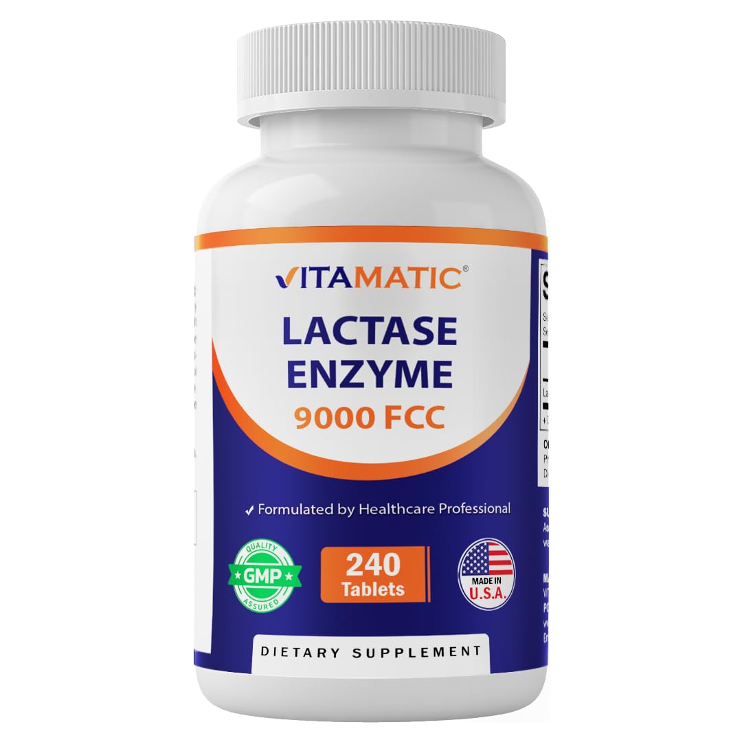 Vitamatic Lactase Enzyme 9000 FCC 240 Tablets - Lactose Intolerance Relief Caplets - Maple Wellness Supplements