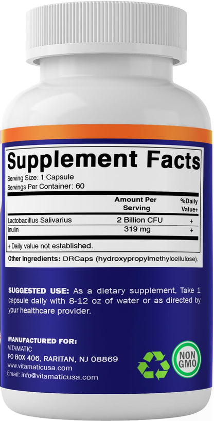 Vitamatic Lactobacillus Salivarius 2 Billion per DR Capsule - 60 Count - Digestive Support - Maple Wellness Supplements
