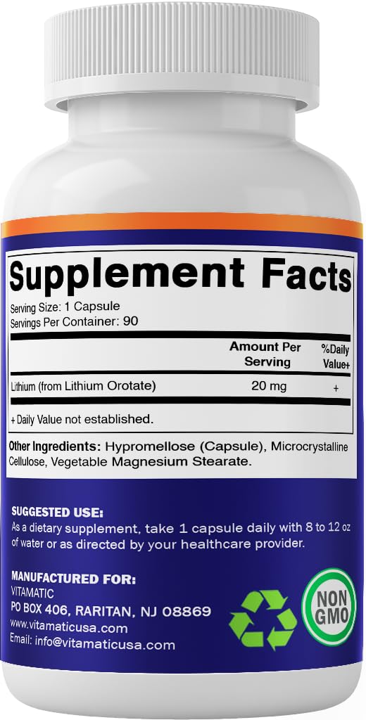 Vitamatic Lithium Orotate 20mg, 90 Capsules - Veggie Caps, Non-GMO, Gluten Free - Maple Wellness Supplements