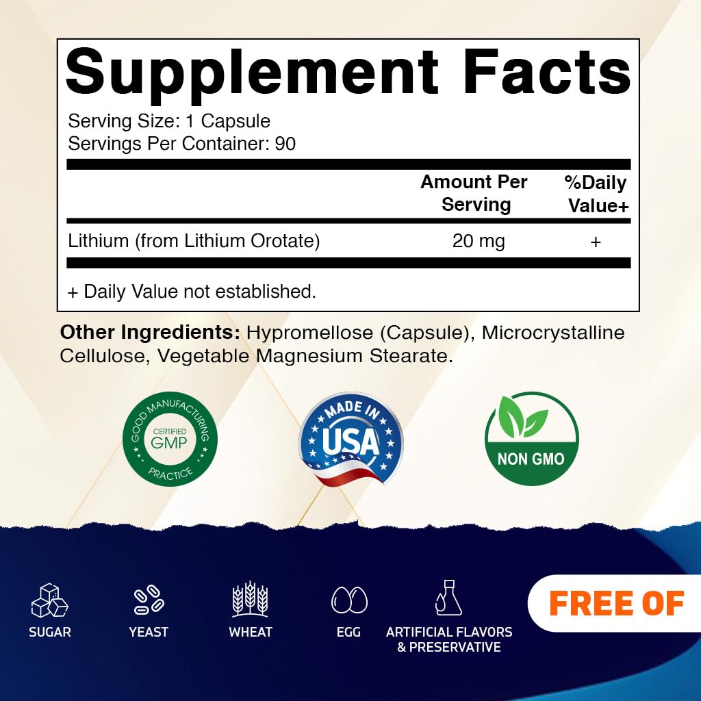 Vitamatic Lithium Orotate 20mg, 90 Capsules - Veggie Caps, Non-GMO, Gluten Free - Maple Wellness Supplements
