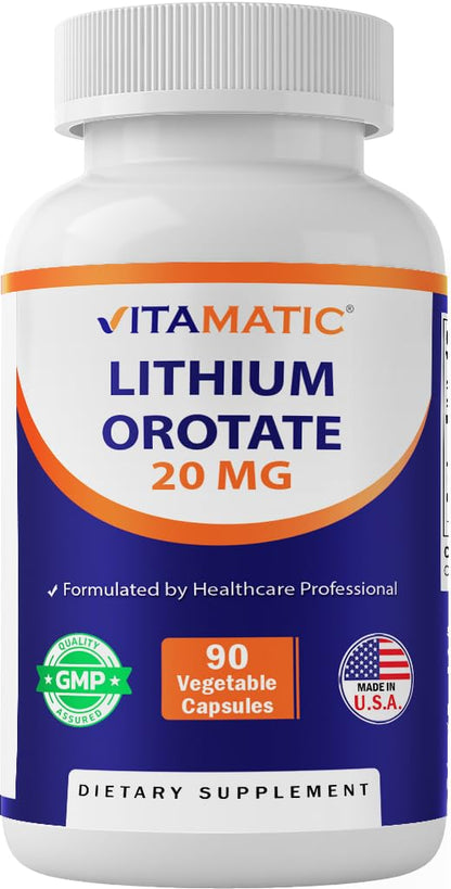Vitamatic Lithium Orotate 20mg, 90 Capsules - Veggie Caps, Non-GMO, Gluten Free - Maple Wellness Supplements