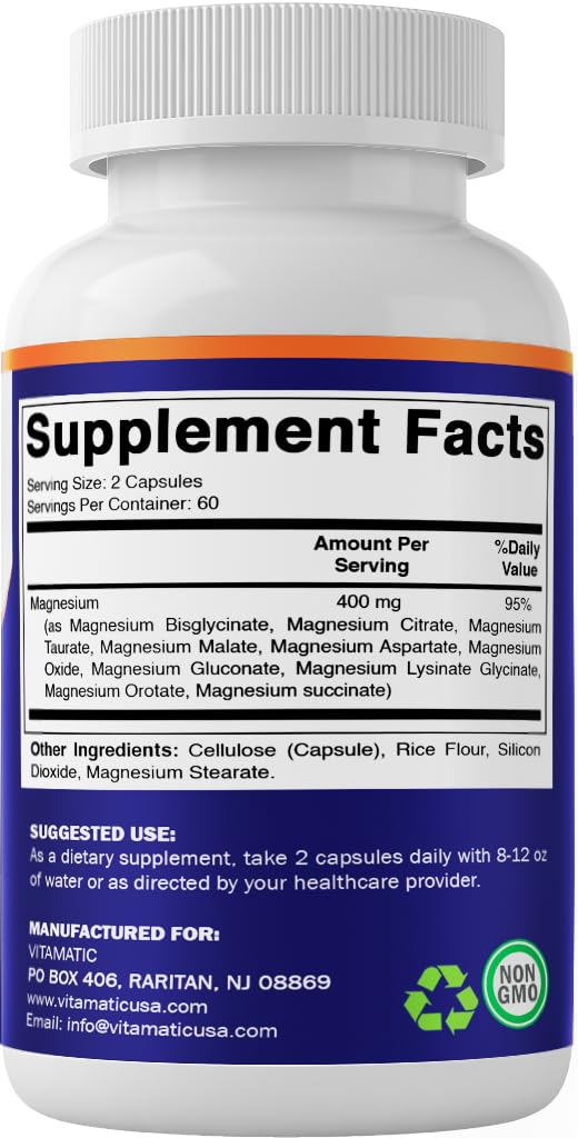 Vitamatic Magnesium Complex, 400mg Elemental MG (as Bisglycinate, Citrate, Taurate, Malate, Aspartate, Oxide, Gluconate, Lysinate Glycinate, Orotate, Succinate) – 120 Capsules - Maple Wellness Supplements