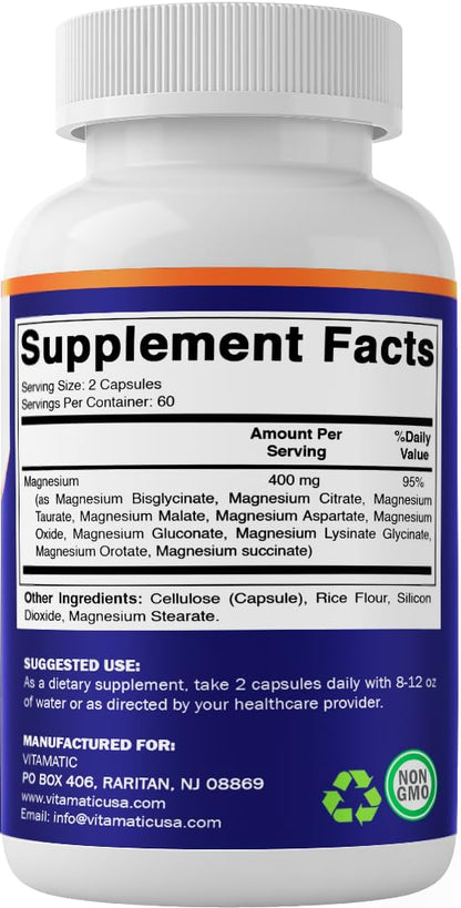 Vitamatic Magnesium Complex, 400mg Elemental MG (as Bisglycinate, Citrate, Taurate, Malate, Aspartate, Oxide, Gluconate, Lysinate Glycinate, Orotate, Succinate) – 120 Capsules - Maple Wellness Supplements