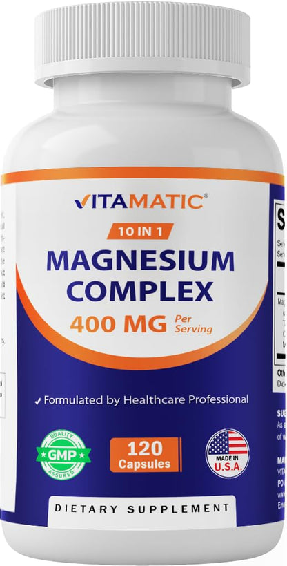 Vitamatic Magnesium Complex, 400mg Elemental MG (as Bisglycinate, Citrate, Taurate, Malate, Aspartate, Oxide, Gluconate, Lysinate Glycinate, Orotate, Succinate) – 120 Capsules - Maple Wellness Supplements