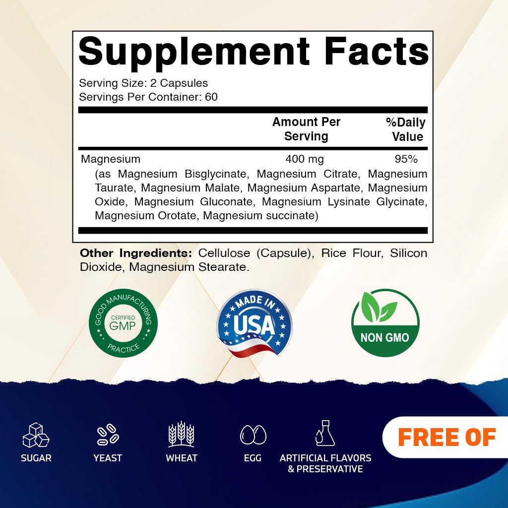 Vitamatic Magnesium Complex, 400mg Elemental MG (as Bisglycinate, Citrate, Taurate, Malate, Aspartate, Oxide, Gluconate, Lysinate Glycinate, Orotate, Succinate) – 120 Capsules - Maple Wellness Supplements