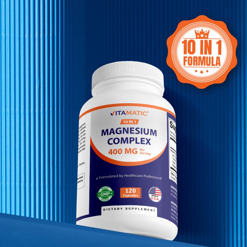 Vitamatic Magnesium Complex, 400mg Elemental MG (as Bisglycinate, Citrate, Taurate, Malate, Aspartate, Oxide, Gluconate, Lysinate Glycinate, Orotate, Succinate) – 120 Capsules - Maple Wellness Supplements
