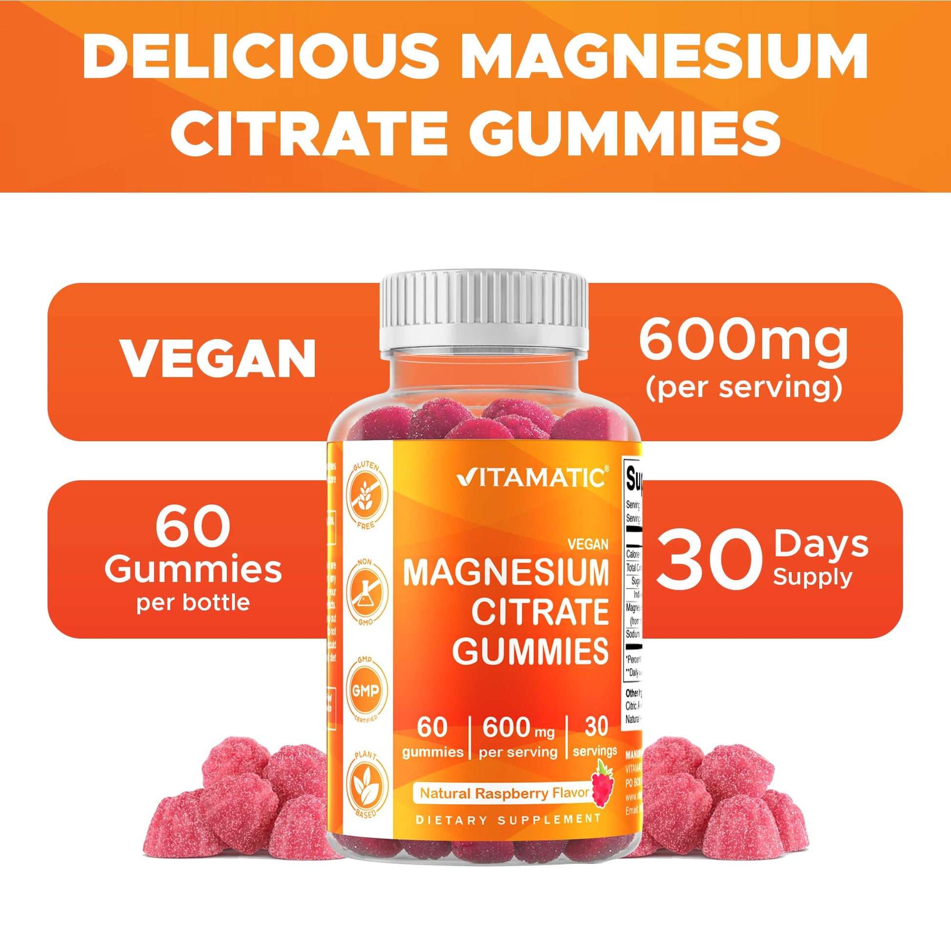 Vitamatic Magnesium Gummies 600mg per Serving – 60 Vegan Count for Relaxation, Muscle, Bone, and Energy Support - Maple Wellness Supplements