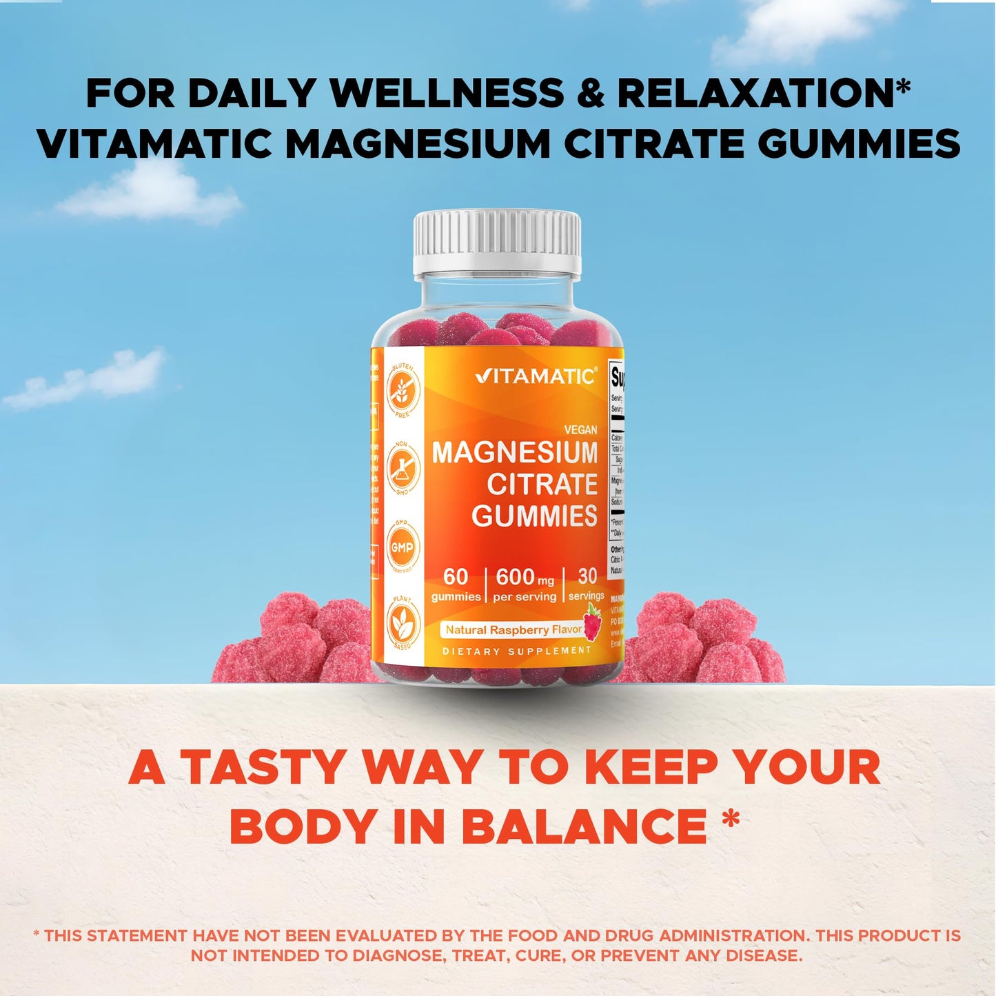 Vitamatic Magnesium Gummies 600mg per Serving – 60 Vegan Count for Relaxation, Muscle, Bone, and Energy Support - Maple Wellness Supplements