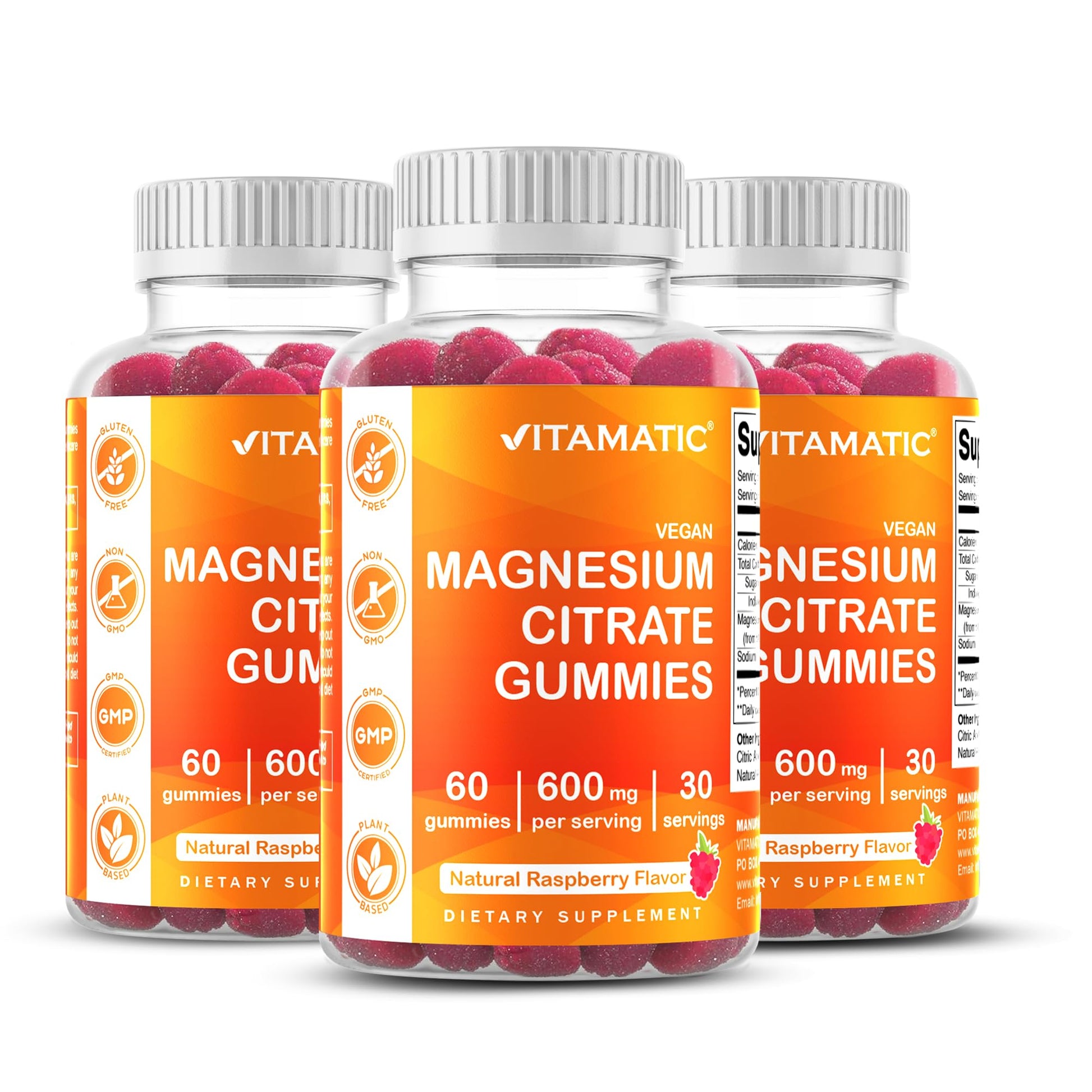 Vitamatic Magnesium Gummies 600mg per Serving – 60 Vegan Gummies – Relaxation, Muscle, Bone & Energy Support – 3 Pack - Maple Wellness Supplements