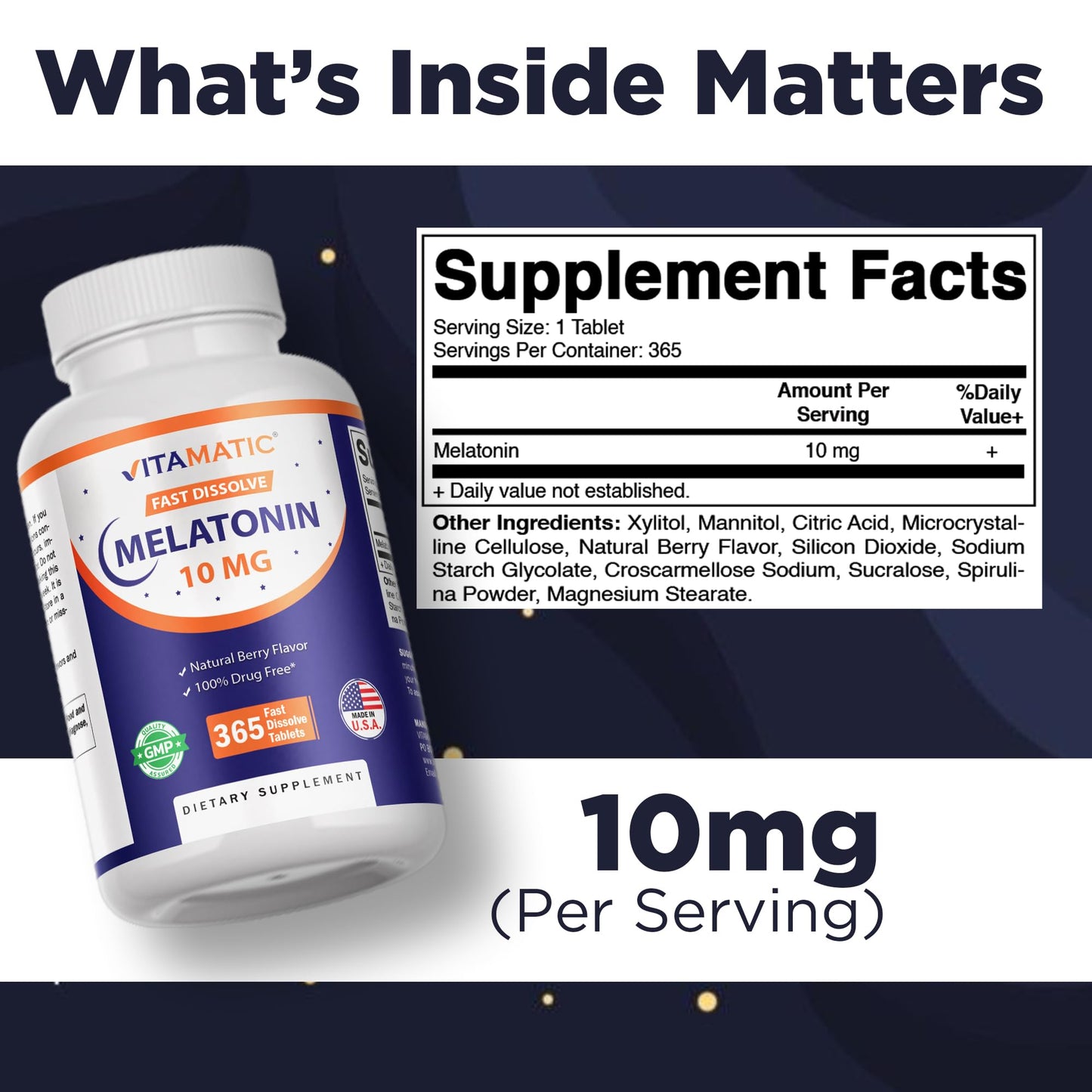 Vitamatic Melatonin 10 mg Fast Dissolve Tablets – Quick-Dissolving Sleep Support Supplement for Adults – Vegetarian, Non-GMO & Gluten-Free - Maple Wellness Supplements
