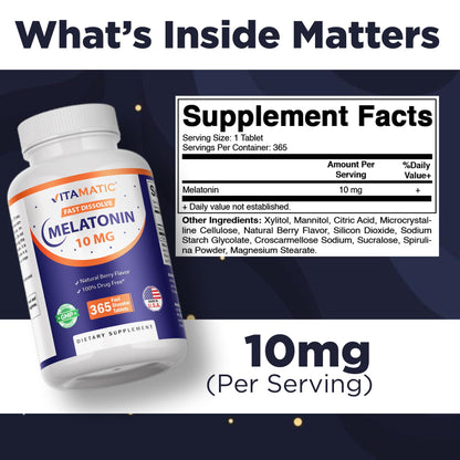 Vitamatic Melatonin 10 mg Fast Dissolve Tablets – Quick-Dissolving Sleep Support Supplement for Adults – Vegetarian, Non-GMO & Gluten-Free - Maple Wellness Supplements