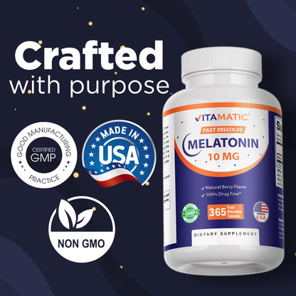 Vitamatic Melatonin 10 mg Fast Dissolve Tablets – Quick-Dissolving Sleep Support Supplement for Adults – Vegetarian, Non-GMO & Gluten-Free - Maple Wellness Supplements