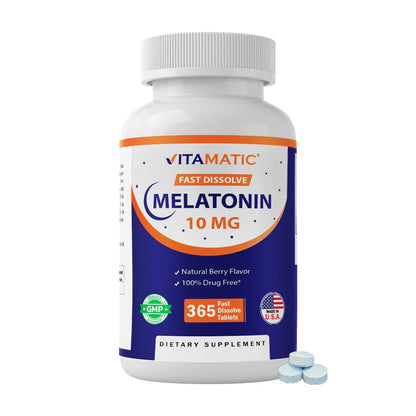 Vitamatic Melatonin 10 mg Fast Dissolve Tablets – Quick-Dissolving Sleep Support Supplement for Adults – Vegetarian, Non-GMO & Gluten-Free - Maple Wellness Supplements