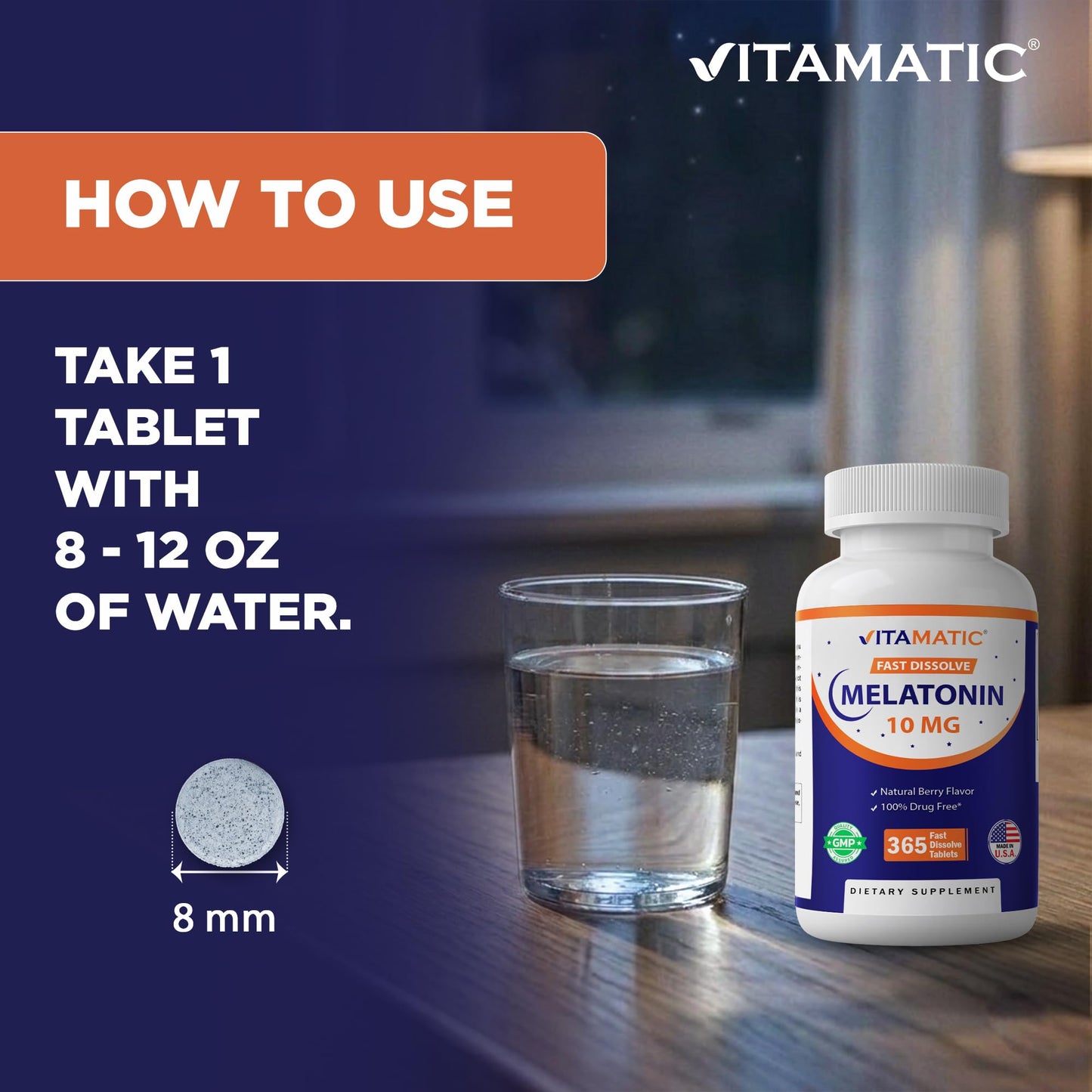 Vitamatic Melatonin 10 mg Fast Dissolve Tablets – Quick-Dissolving Sleep Support Supplement for Adults – Vegetarian, Non-GMO & Gluten-Free - Maple Wellness Supplements