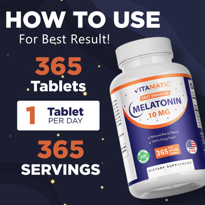 Vitamatic Melatonin 10 mg Fast Dissolve Tablets – Quick-Dissolving Sleep Support Supplement for Adults – Vegetarian, Non-GMO & Gluten-Free - Maple Wellness Supplements