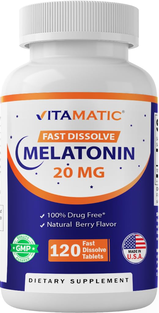Vitamatic Melatonin 20mg for Sleep Support | Vegetarian, Non-GMO, Gluten Free | HIGH Potency 20 MG | Natural Berry Flavor 120 - Maple Wellness Supplements