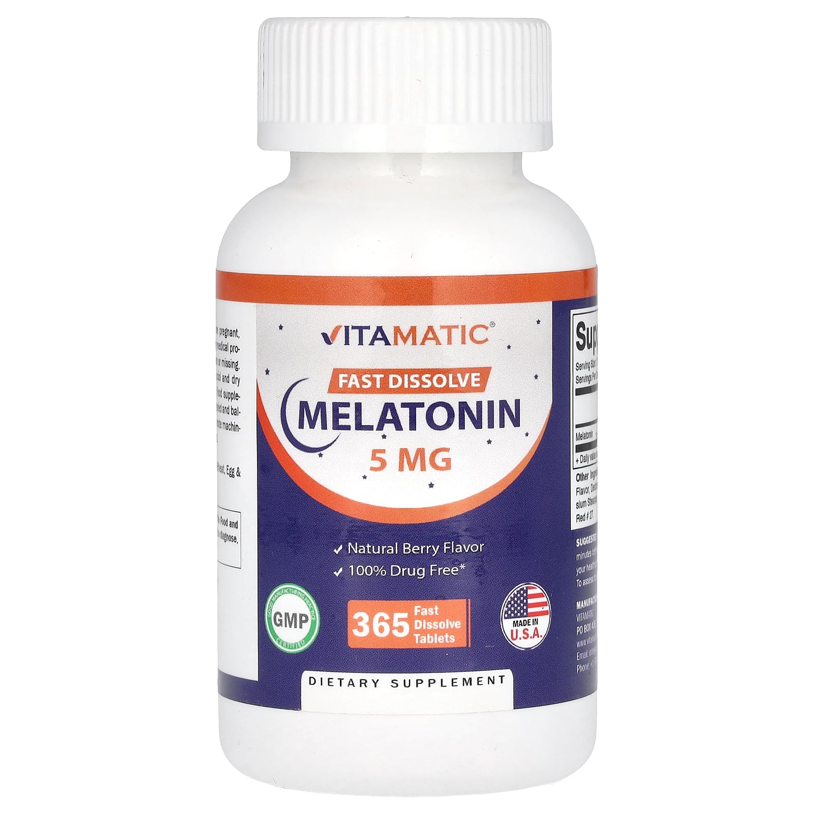 Vitamatic Melatonin 5 mg Tablets | Vegetarian, Non-GMO, Gluten Free | 1 Year Supply | Natural Berry Flavor - 365 Tablets - Maple Wellness Supplements