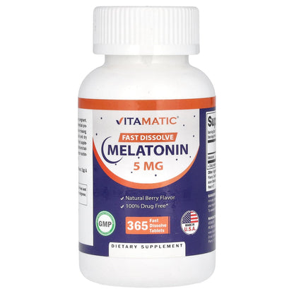 Vitamatic Melatonin 5 mg Tablets | Vegetarian, Non-GMO, Gluten Free | 1 Year Supply | Natural Berry Flavor - 365 Tablets - Maple Wellness Supplements
