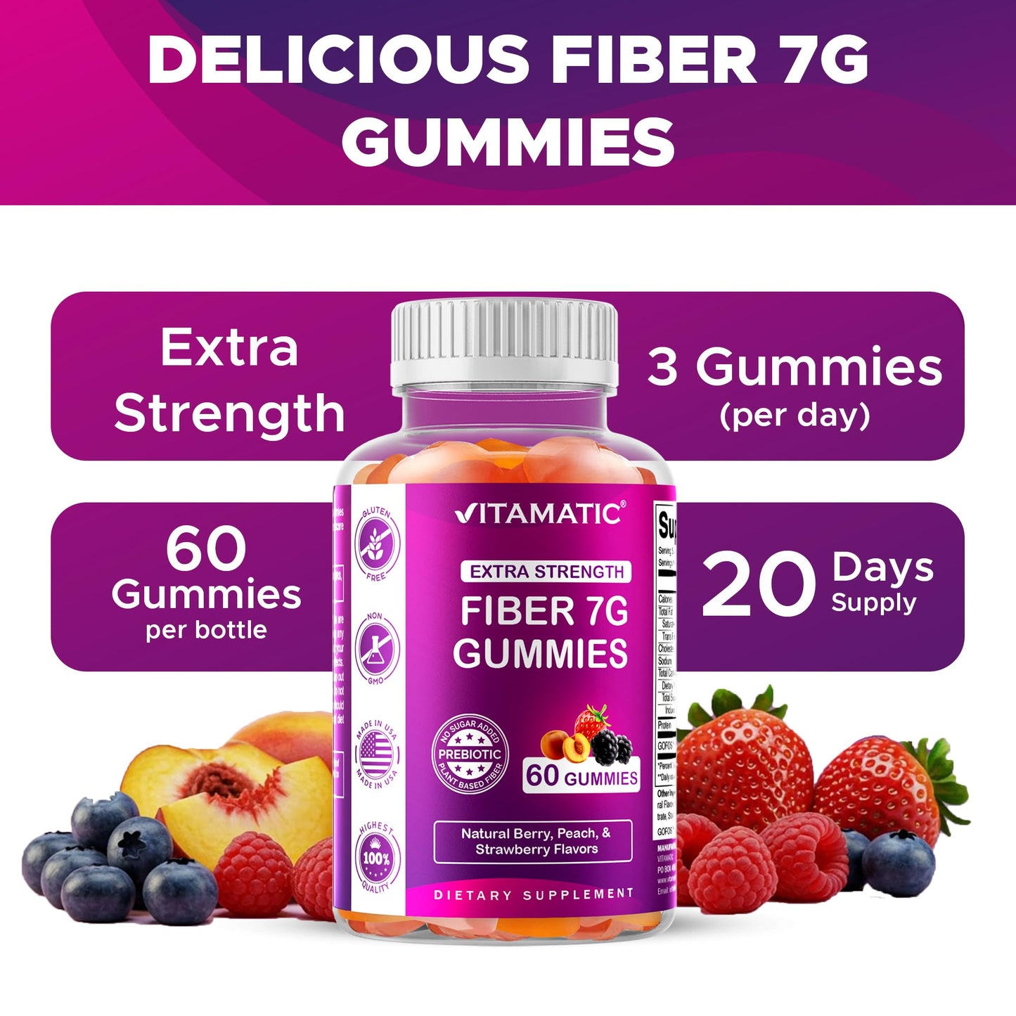 Vitamatic Prebiotic Fiber Gummies for Adults – 2 Pack (Total 120 Gummies) 7g Fiber per Serving | Extra Strength | Zero Sugar Added | Pectin-Based - Maple Wellness Supplements
