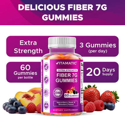 Vitamatic Prebiotic Fiber Gummies for Adults – 2 Pack (Total 120 Gummies) 7g Fiber per Serving | Extra Strength | Zero Sugar Added | Pectin-Based - Maple Wellness Supplements