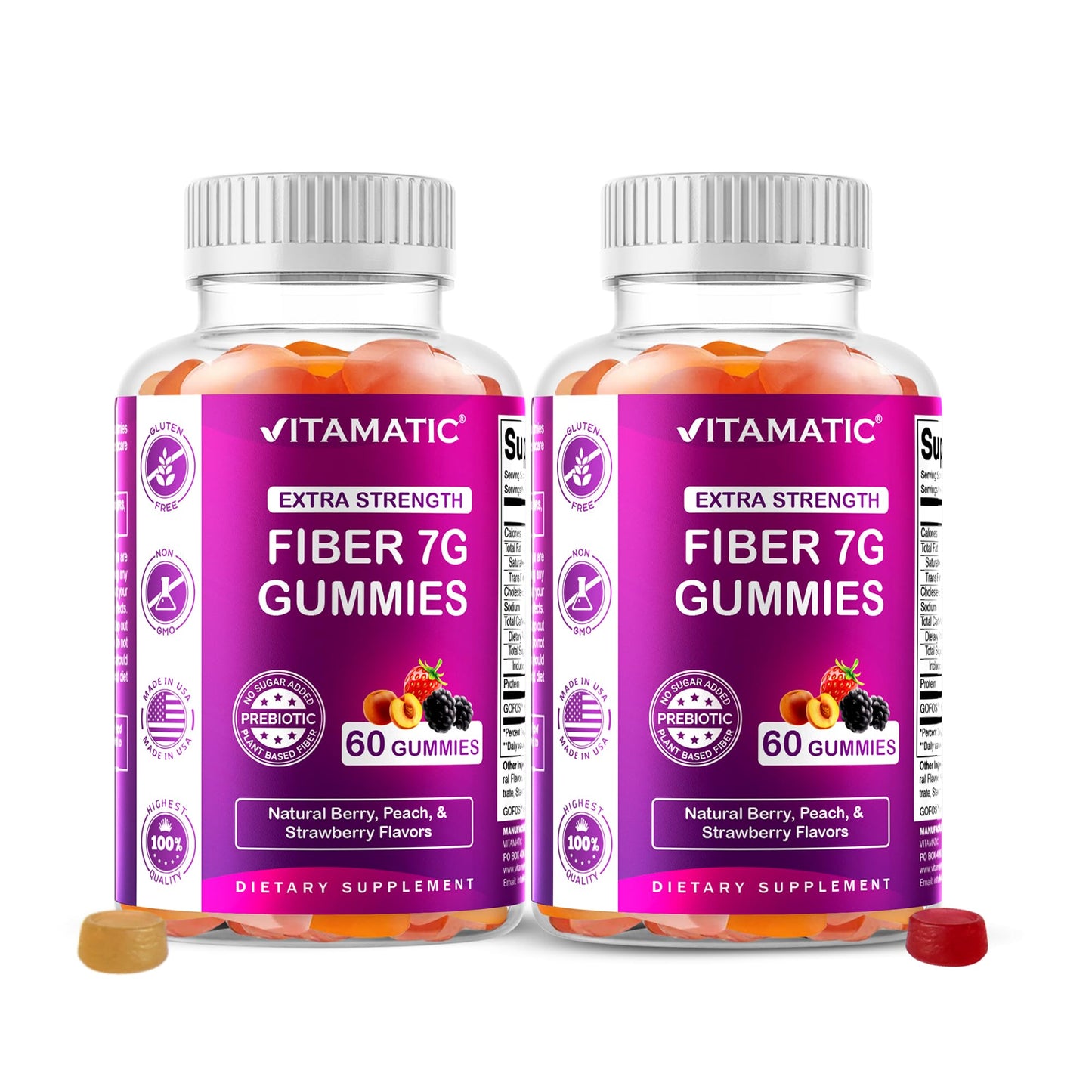 Vitamatic Prebiotic Fiber Gummies for Adults – 2 Pack (Total 120 Gummies) 7g Fiber per Serving | Extra Strength | Zero Sugar Added | Pectin-Based - Maple Wellness Supplements