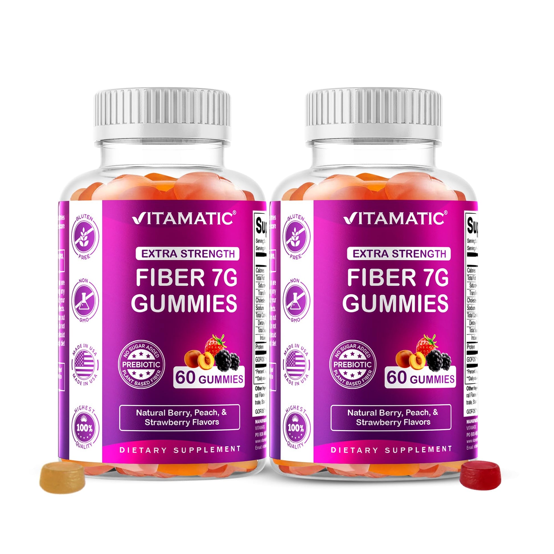 Vitamatic Prebiotic Fiber Gummies for Adults – 2 Pack (Total 120 Gummies) 7g Fiber per Serving | Extra Strength | Zero Sugar Added | Pectin-Based - Maple Wellness Supplements