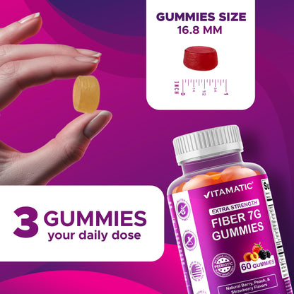 Vitamatic Prebiotic Fiber Gummies for Adults – 2 Pack (Total 120 Gummies) 7g Fiber per Serving | Extra Strength | Zero Sugar Added | Pectin-Based - Maple Wellness Supplements