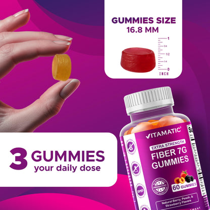 Vitamatic Prebiotic Fiber Gummies for Adults – 2 Pack (Total 120 Gummies) 7g Fiber per Serving | Extra Strength | Zero Sugar Added | Pectin-Based - Maple Wellness Supplements