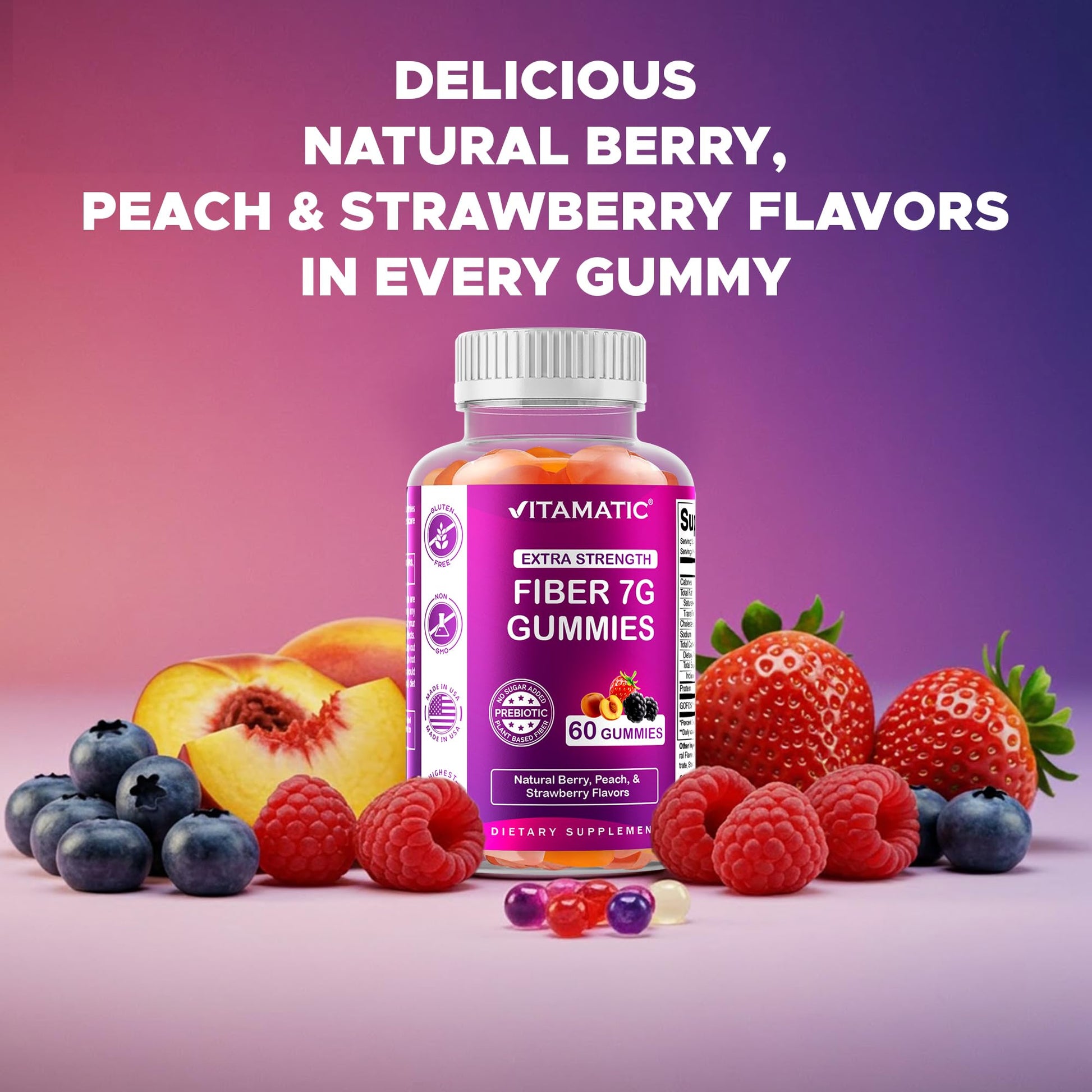 Vitamatic Prebiotic Fiber Gummies for Adults – 2 Pack (Total 120 Gummies) 7g Fiber per Serving | Extra Strength | Zero Sugar Added | Pectin-Based - Maple Wellness Supplements