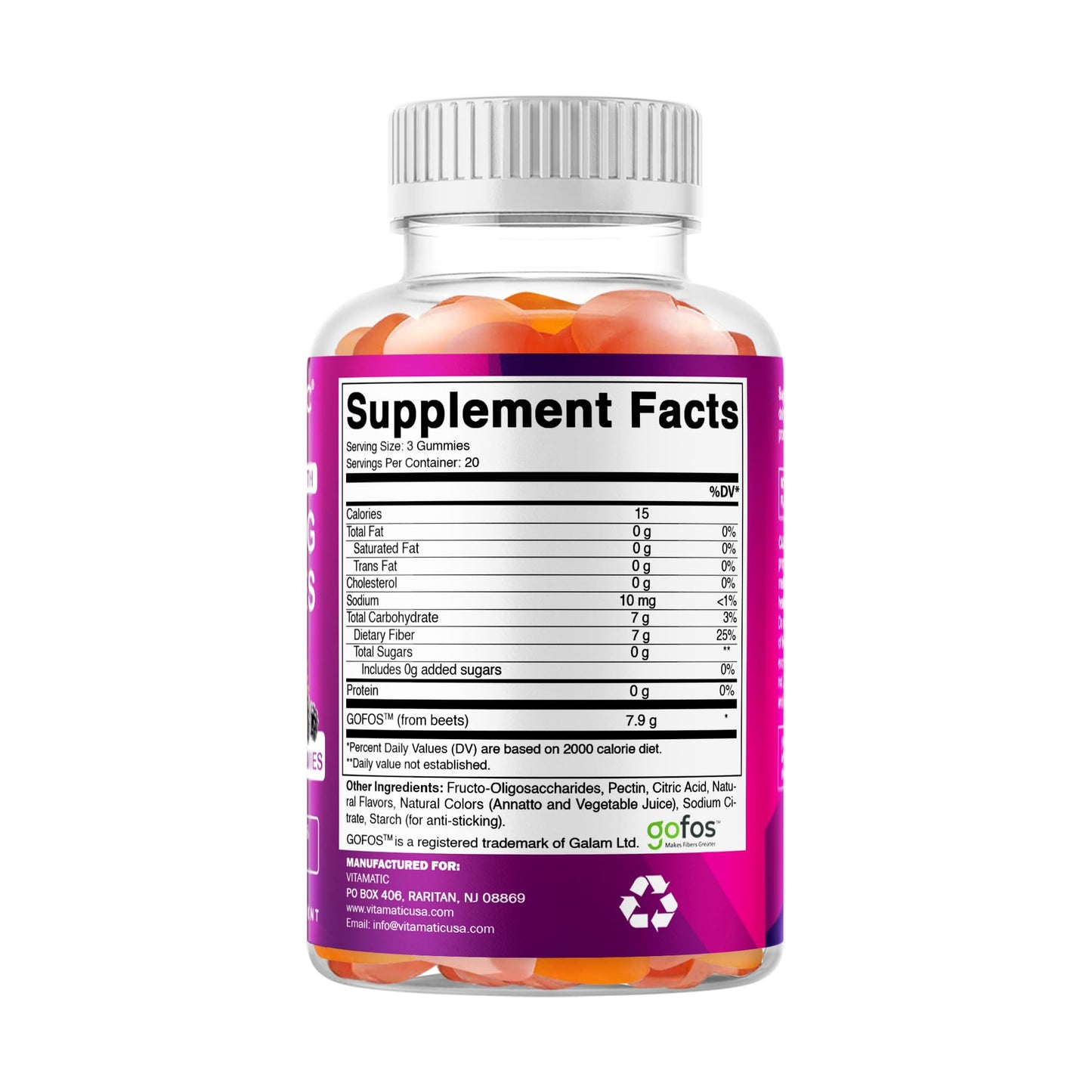 Vitamatic Prebiotic Fiber Gummies for Adults – 2 Pack (Total 120 Gummies) 7g Fiber per Serving | Extra Strength | Zero Sugar Added | Pectin-Based - Maple Wellness Supplements