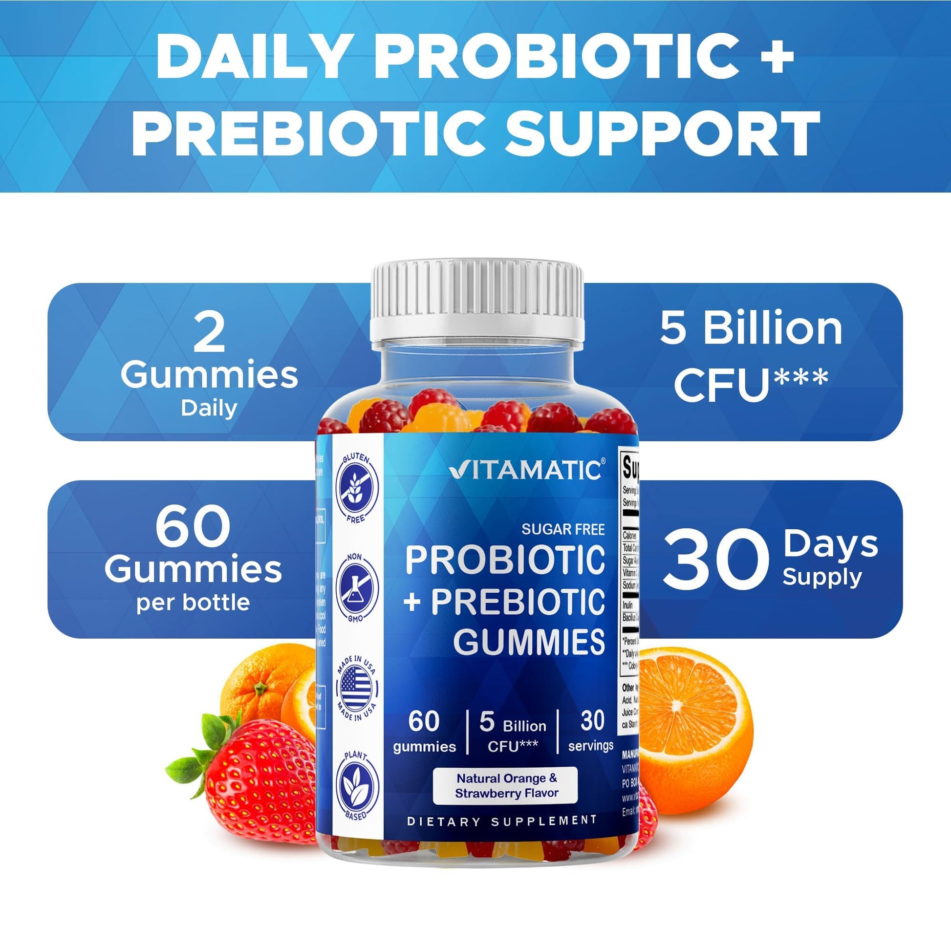 Vitamatic Probiotic Sugar Free Gummies for Men and Women – 5 Billion CFUs Digestive, Immune & Gut Health Support – Gluten Free - Maple Wellness Supplements