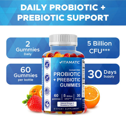 Vitamatic Probiotic Sugar Free Gummies for Men and Women – 5 Billion CFUs Digestive, Immune & Gut Health Support – Gluten Free - Maple Wellness Supplements