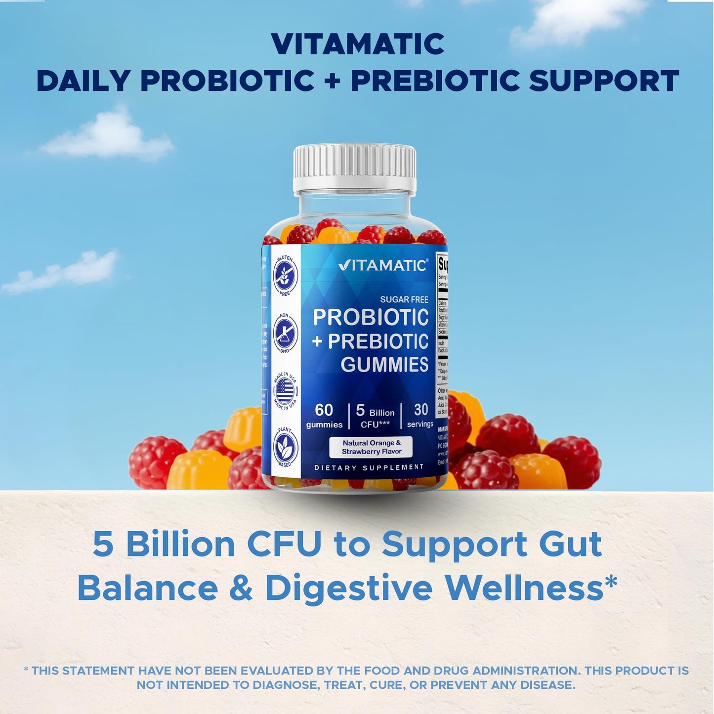 Vitamatic Probiotic Sugar Free Gummies for Men and Women – 5 Billion CFUs Digestive, Immune & Gut Health Support – Gluten Free - Maple Wellness Supplements